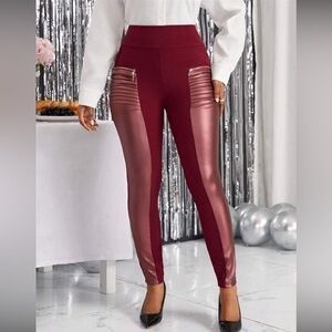 Contrast Panel Zipper Detail Burgundy Faux Leather Legging Size XL‎